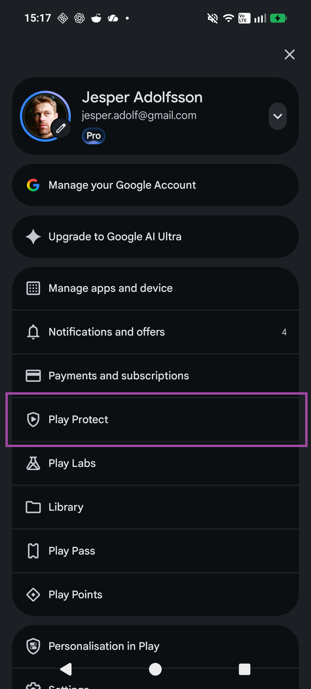 Step 3: Select Play Protect; the relevant control is highlighted