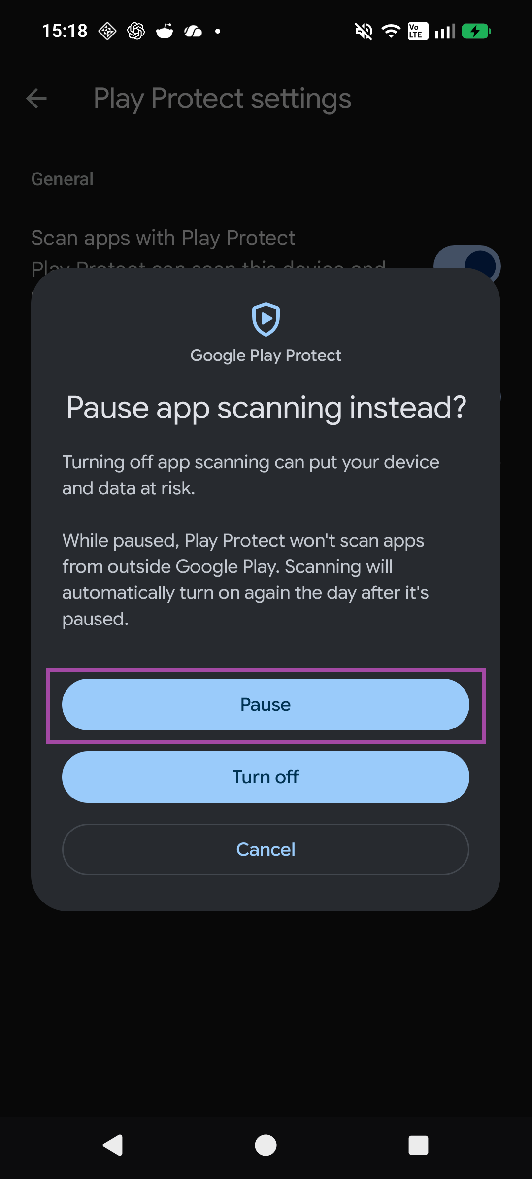 Step 6: Prefer Pause, not Turn off; the relevant control is highlighted